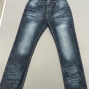 Men’s Black Lacquer Dark Wash Distressed Straight-Leg Jeans Size 38